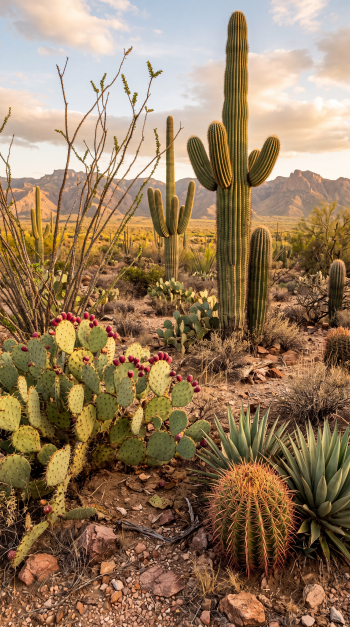 Saguaro and prickly pear cacti in a sunlit desert landscape, vertical iPhone wallpaper