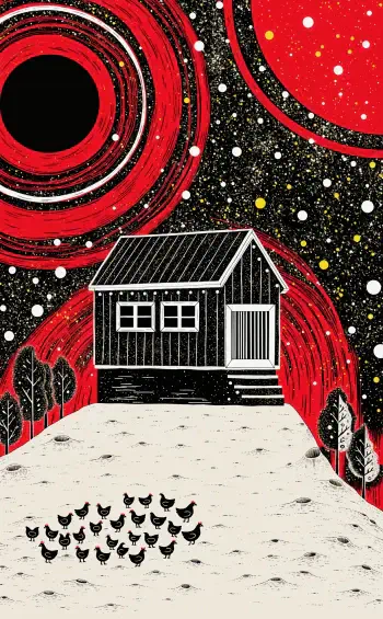 Black chicken coop house and flock on a snowy landscape beneath a starry red night sky, illustrated iPhone wallpaper.