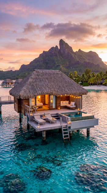 Dream vacation iPhone wallpaper featuring an overwater bungalow at a tropical lagoon resort beneath a glowing sunset and mountain peaks.