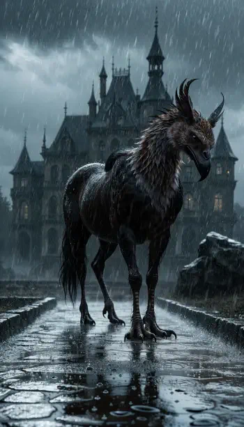 A dark mythical horse stands before a rain-soaked castle in this fantasy iPhone wallpaper featuring unicorn and hippogriff imagery.