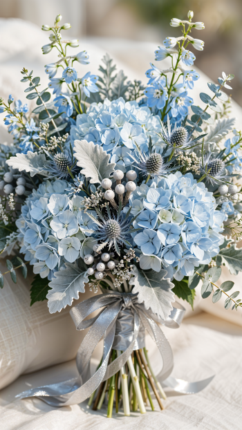 Blue hydrangea wedding bouquet with thistles, silver foliage, and satin ribbon, styled as an elegant iPhone wallpaper.