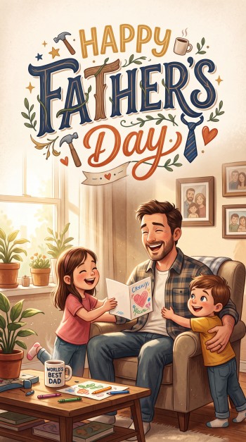 Happy Father’s Day iPhone wallpaper showing a smiling dad reading with his children in a cozy living room.