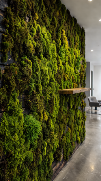 Lush green moss wall vertical garden with a wooden shelf in a modern interior, framed as an iPhone wallpaper.