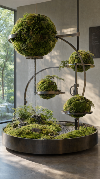 Indoor moss garden sculpture with floating moss spheres and a lush circular planter, phone wallpaper