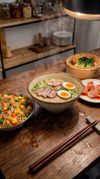 Japanese ramen with soft-boiled eggs, fried rice, and side dishes on a rustic table, featured in an Asian food iPhone wallpaper.