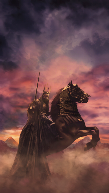 Khamûl rides a rearing horse beneath a dramatic sunset in The Lord of the Rings: The Rings of Power iPhone wallpaper.