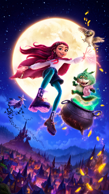 Disney Hexed girl flying before a glowing full moon with magical creatures and a bubbling cauldron above a city, fantasy iPhone wallpaper