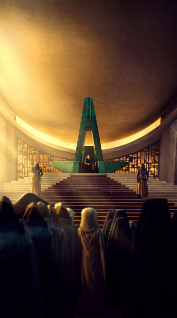 Dune: Part Three sci-fi temple interior with a towering green monument and golden light, vertical iPhone wallpaper