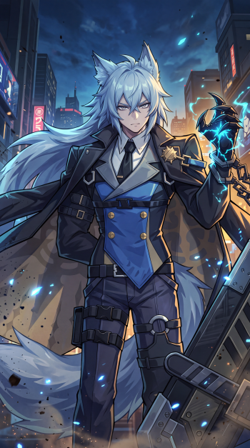 Severian, the white-haired wolf from Zenless Zone Zero, in an anime-style iPhone wallpaper against a neon-lit city backdrop.