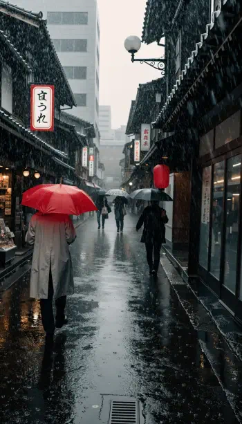 Rainy Japanese street with people holding umbrellas, cinematic iPhone wallpaper