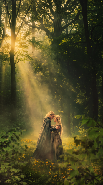 The Lord of the Rings: The Rings of Power couple embracing in a sunlit forest, romantic iPhone wallpaper