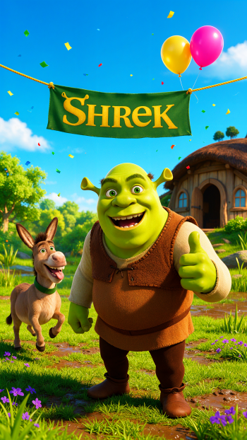 Shrek and Donkey celebrate beneath a Shrek banner in a colorful iPhone wallpaper.