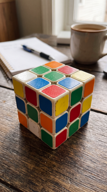 Colorful Rubik’s Cube puzzle on a wooden table beside a notebook and coffee, framed as an iPhone wallpaper.