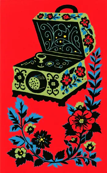 Folk art iPhone wallpaper featuring a floral sewing machine music box on a vivid red background.