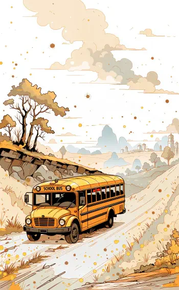 Illustrated yellow school bus traveling along a dusty country road, framed by autumn hills and clouds; vertical iPhone wallpaper.