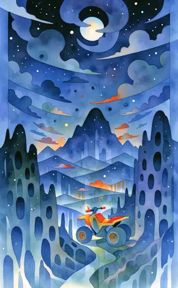 Colorful quad car winding through a mountain valley beneath a starry night sky, illustrated iPhone wallpaper.