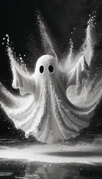 Cute white ghost floating through a dramatic spray of powder in a black-and-white Halloween iPhone wallpaper.