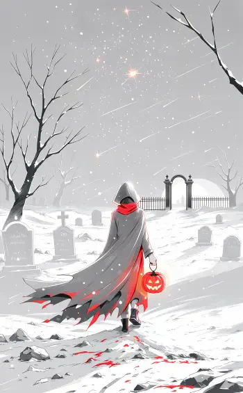 Spooky season iPhone wallpaper featuring a hooded figure carrying a glowing pumpkin through a snowy graveyard under a starry Halloween sky.