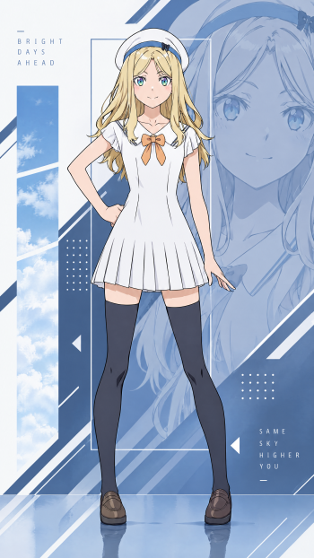 Frenda Seivelun in a white dress and beret, featured in a blue geometric Toaru Anbu no ITEM anime girl iPhone wallpaper.