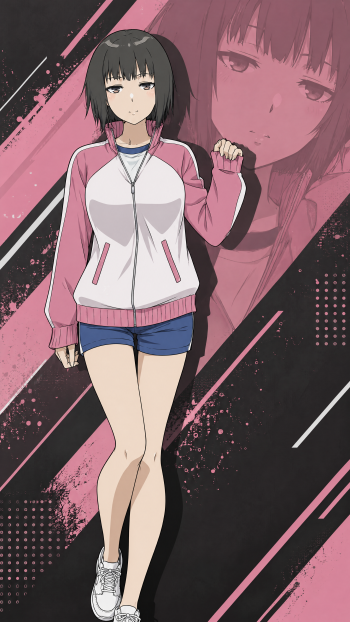 Rikou Takitsubo from Toaru Anbu no ITEM in a pink jacket and blue shorts, featured on a pink-and-black anime iPhone wallpaper.
