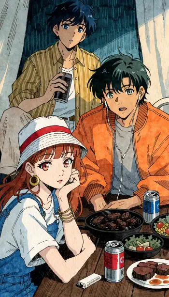 Anime girl and boys sharing a barbecue meal around a grill, with drinks and side dishes, in a detailed iPhone wallpaper.