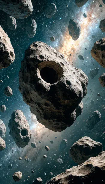 Asteroid belt with massive rocky asteroids drifting through a glowing starfield, vertical space wallpaper for iPhone.