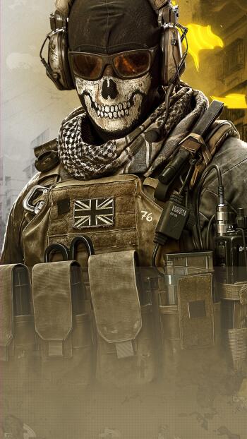 Ghost from Call of Duty: Modern Warfare 4 in tactical gear and a skull mask, featured on a dramatic iPhone wallpaper.