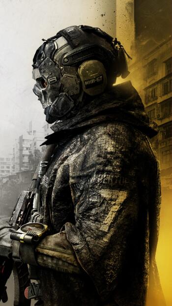 Call of Duty: Modern Warfare 4 iPhone wallpaper featuring a helmeted soldier in a skull mask holding a rifle in a war-torn city.