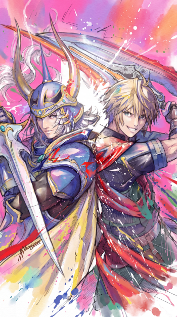 Final Fantasy Resonance anime iPhone wallpaper featuring two samurai warriors wielding swords against a vibrant, colorful background.