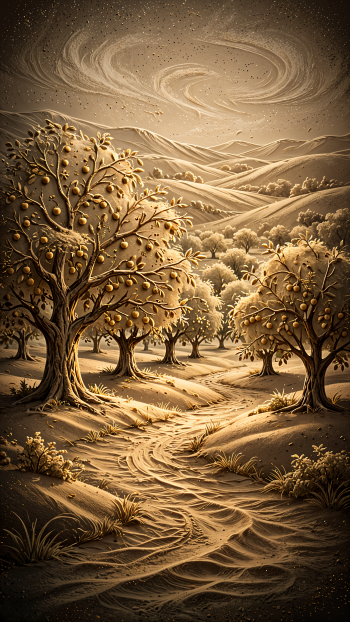 Golden sepia orchard landscape with fruit trees and a winding path beneath a swirling sky, designed as an iPhone wallpaper.