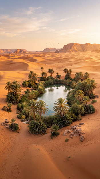 A lush desert oasis with a reflective pool and palm trees amid golden dunes, framed as an iPhone wallpaper.