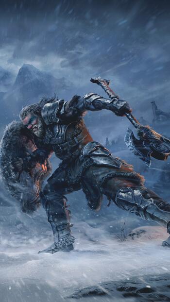 Armored warrior wielding an axe in a snowy battle scene, The Elder Scrolls Online iPhone wallpaper.