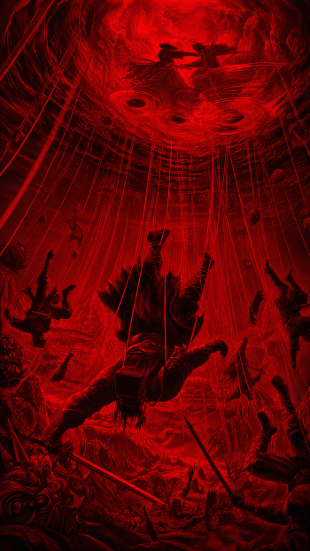 Phantom Blade Zero iPhone wallpaper depicting a crimson vortex engulfing a battle-scarred scene in an apocalyptic storm.