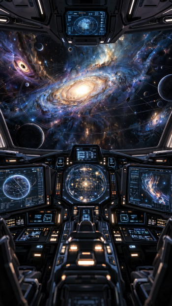 Spaceship cockpit control panel overlooking a glowing galaxy, space-themed iPhone wallpaper.