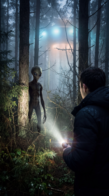 Science fiction alien encounter in a misty forest, with a man facing a glowing extraterrestrial—dramatic iPhone wallpaper.