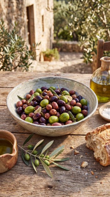 Bowl of green and purple olives with olive oil on a rustic table, iPhone wallpaper