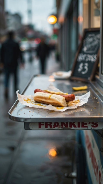 A hot dog on a paper tray at a busy street food stand, shown in a vertical iPhone wallpaper.