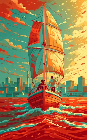 Colorful sailboat with two sailors gliding across the sea toward a city skyline, vibrant iPhone wallpaper.