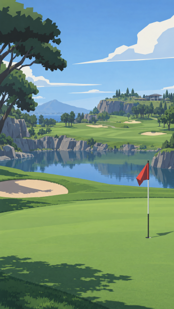 Illustrated golf course with a red golf flag beside a lake, hills, and trees, in a scenic iPhone wallpaper.