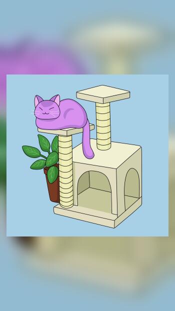 Lo-fi Purrple Cat iPhone wallpaper featuring a sleepy purple cat lounging on a cat tree beside a potted plant.