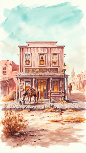 Wild West saloon illustration with a horse outside a wooden storefront, designed as an iPhone wallpaper.