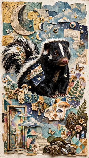 Vintage collage iPhone wallpaper featuring a black-and-white skunk amid celestial maps, stars, flowers, mushrooms, and botanical details.
