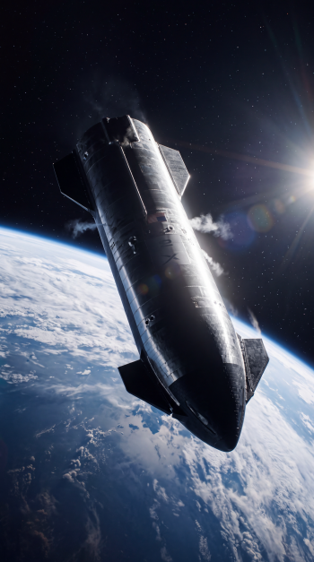 Starship spacecraft soaring above Earth in deep space, cinematic iPhone wallpaper