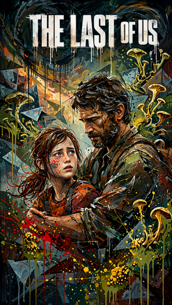 The Last of Us iPhone wallpaper featuring Joel protecting Ellie amid a vivid, overgrown landscape.