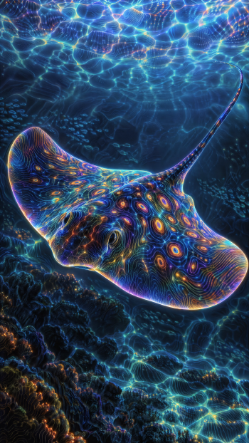 Colorful manta ray stingray gliding underwater in glowing blue light, vertical iPhone wallpaper