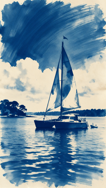 Blue-toned catamaran sailboat sailing across calm water beneath a dramatic sky, illustrated iPhone wallpaper.