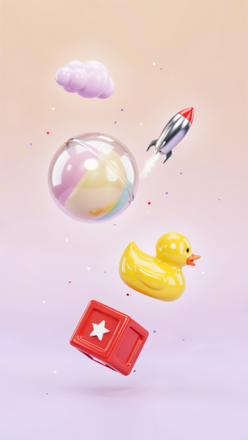 Clean pastel phone wallpaper with a yellow rubber duck, silver rocket, red star toy block, and floating bubble beneath a soft cloud.