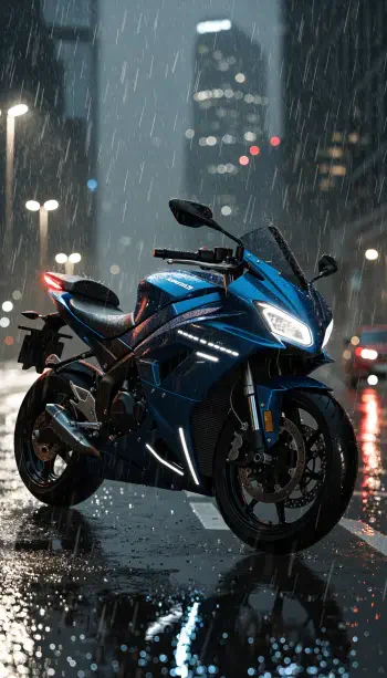 Blue Kawasaki sportbike parked on a rain-soaked city street at night, vertical iPhone wallpaper.