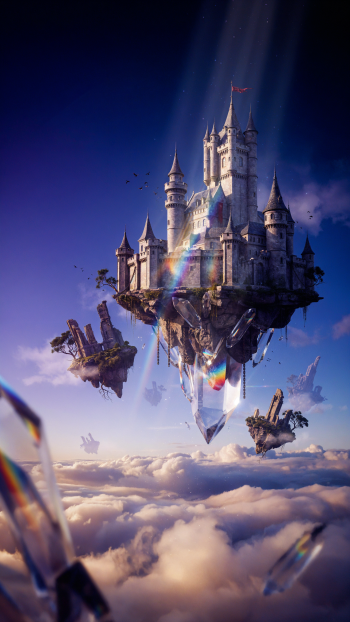 Fantasy castle floating on a rocky island above clouds, illuminated by a beam of light, in a dreamy iPhone wallpaper.