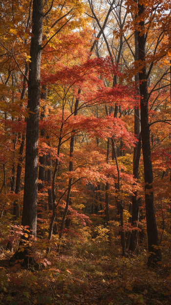 Vibrant fall foliage fills an autumn forest with glowing red and orange trees, a scenic iPhone wallpaper.